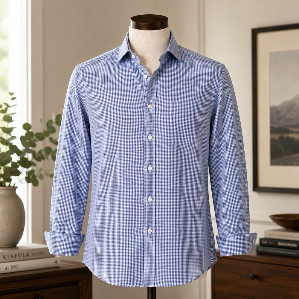 Polo Ralph Lauren Blue White Gingham Dress Shirt Men 16.5 42 Medium Button Front